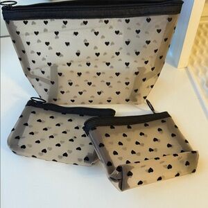 Set of 3 Black Heart Mesh Cosmetic Pouches